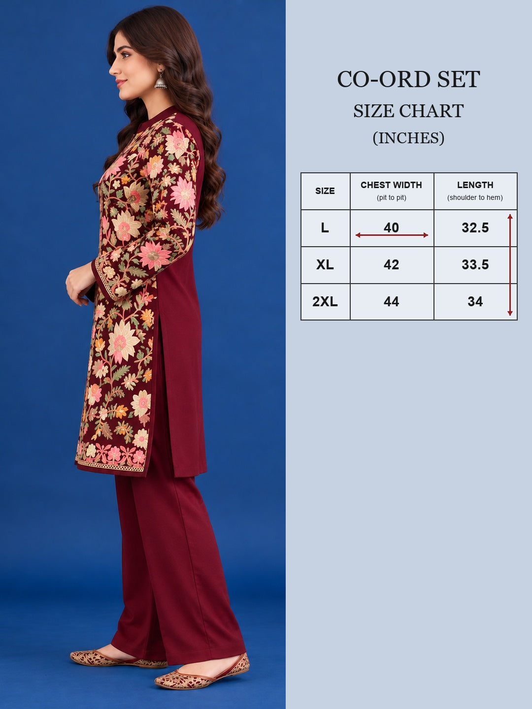 Women’S Embroidered Woolen Kurta With Straight-Fit Pants Co-Set Red