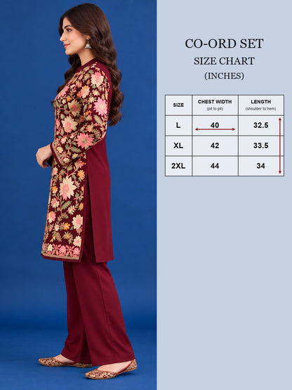 Women’S Embroidered Woolen Kurta With Straight-Fit Pants Co-Set Red