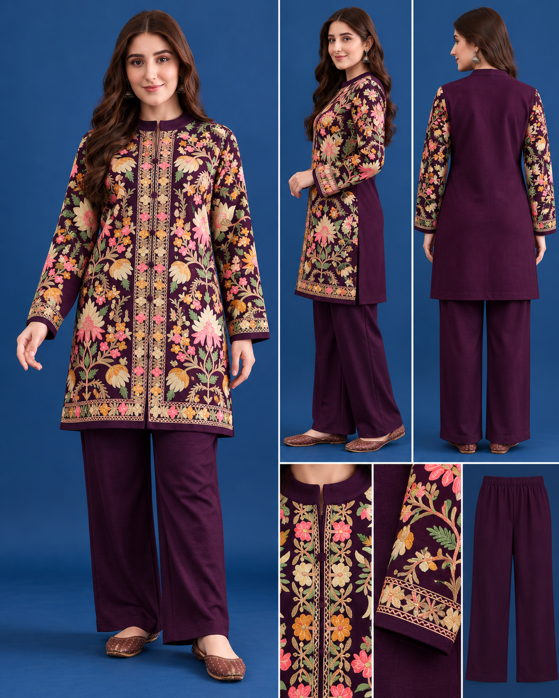 Women’S Embroidered Woolen Kurta With Straight-Fit Pants Co-Set PURPLE