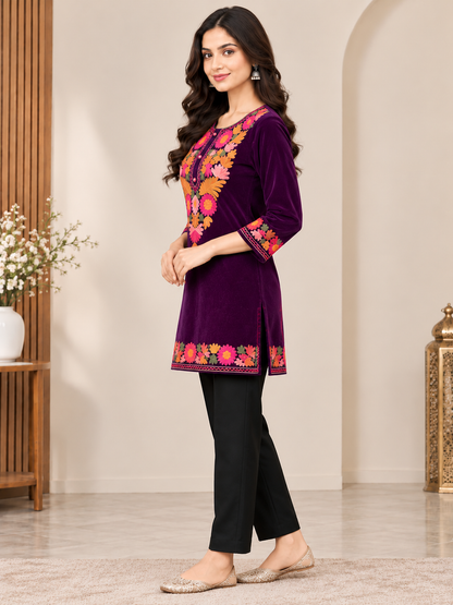 Clapton PURPLE Wolen Winter wear Embroidered Kashmiri Aari Work Kurta (PHERAN)