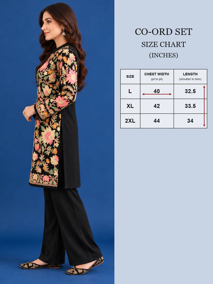 Women’S Embroidered Woolen Kurta With Straight-Fit Pants Co-Set BLACK