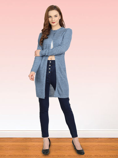 Wool Blend Round Neck Denim Long Shrug