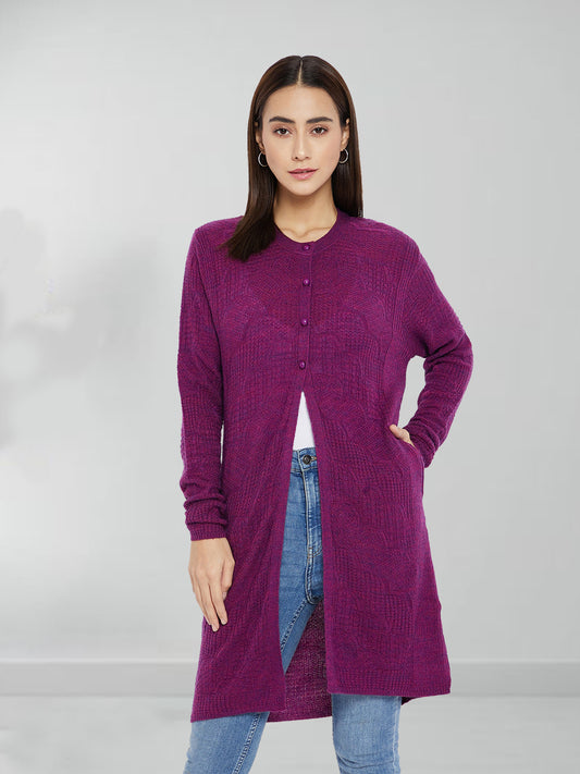 Wool Blend Round Neck Purple Long Shrug