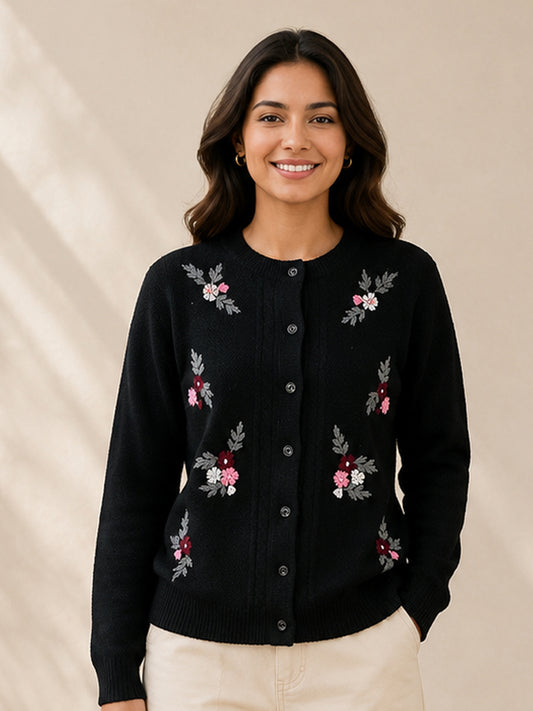 Women'S  Floral Embroidered Knit Cardigan, Round Neck, Button-Front, Long Sleeve Sweater Black