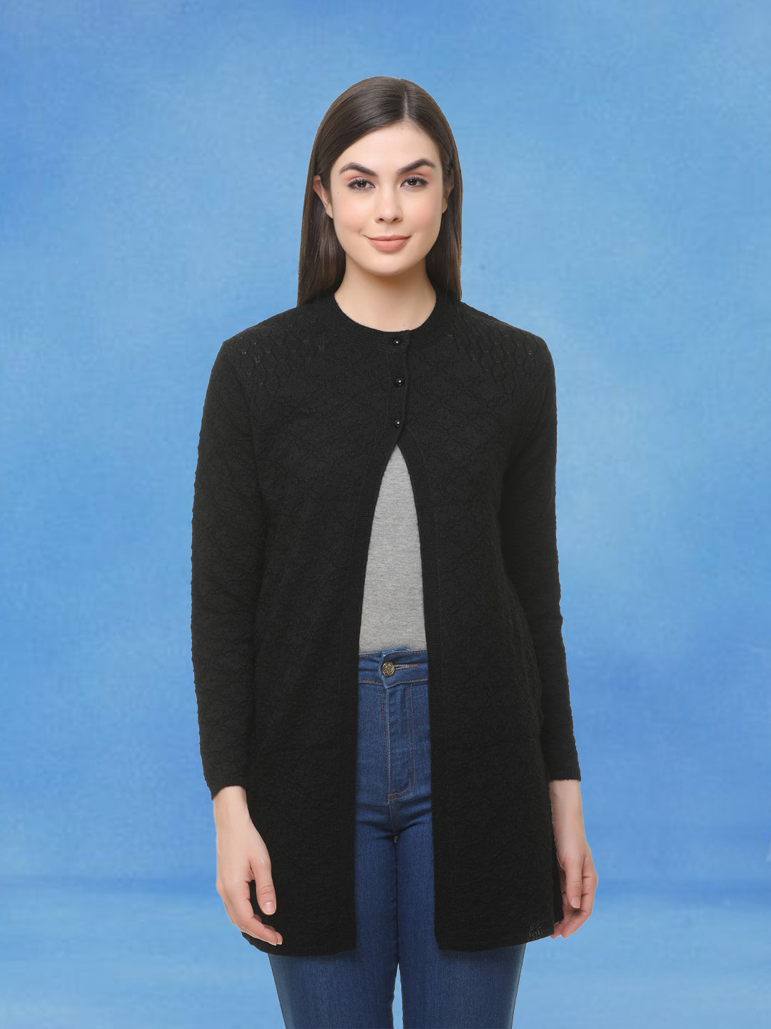 Wool Blend Round Neck Black Long Shrug