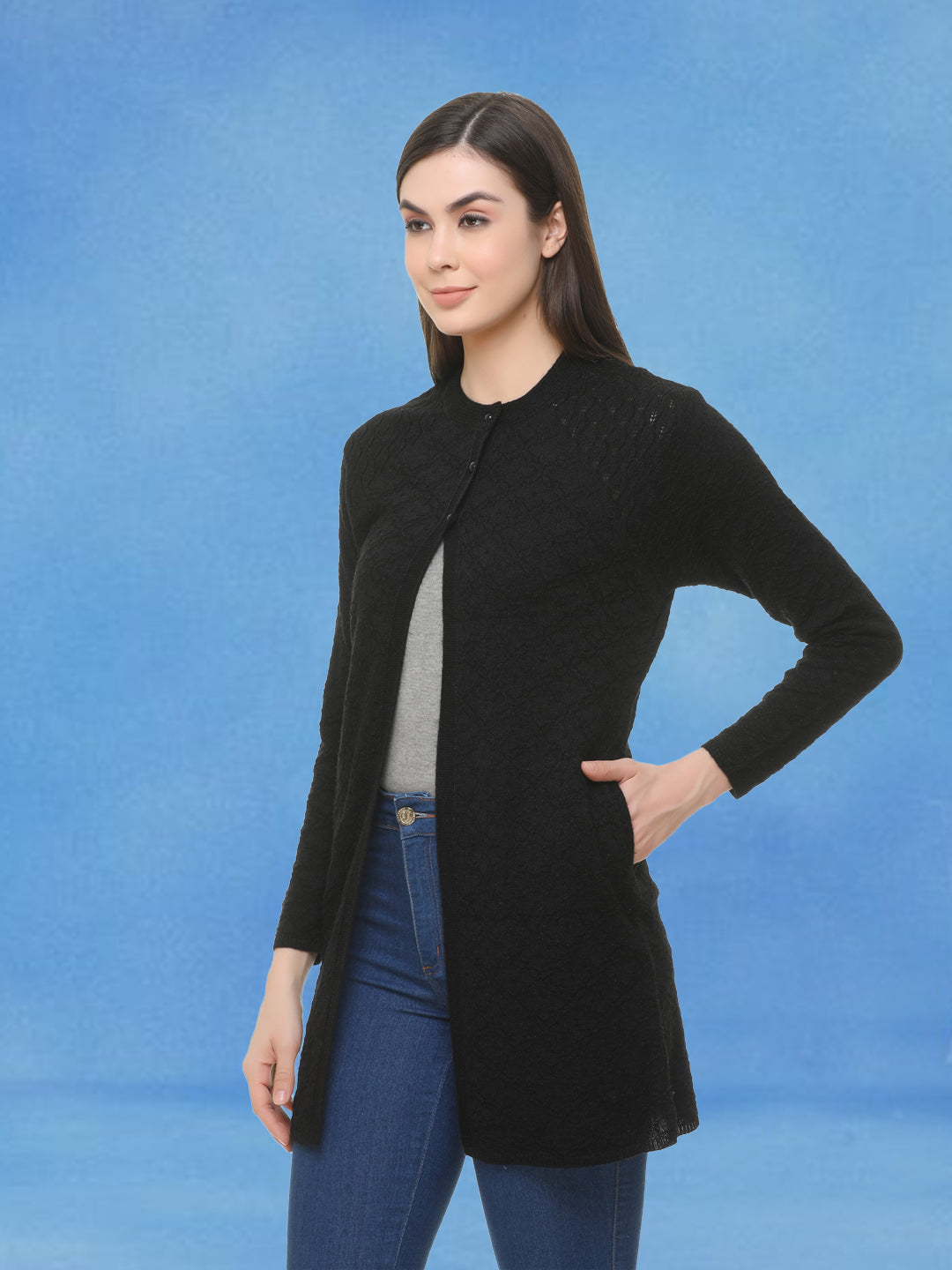 Wool Blend Round Neck Black Long Shrug