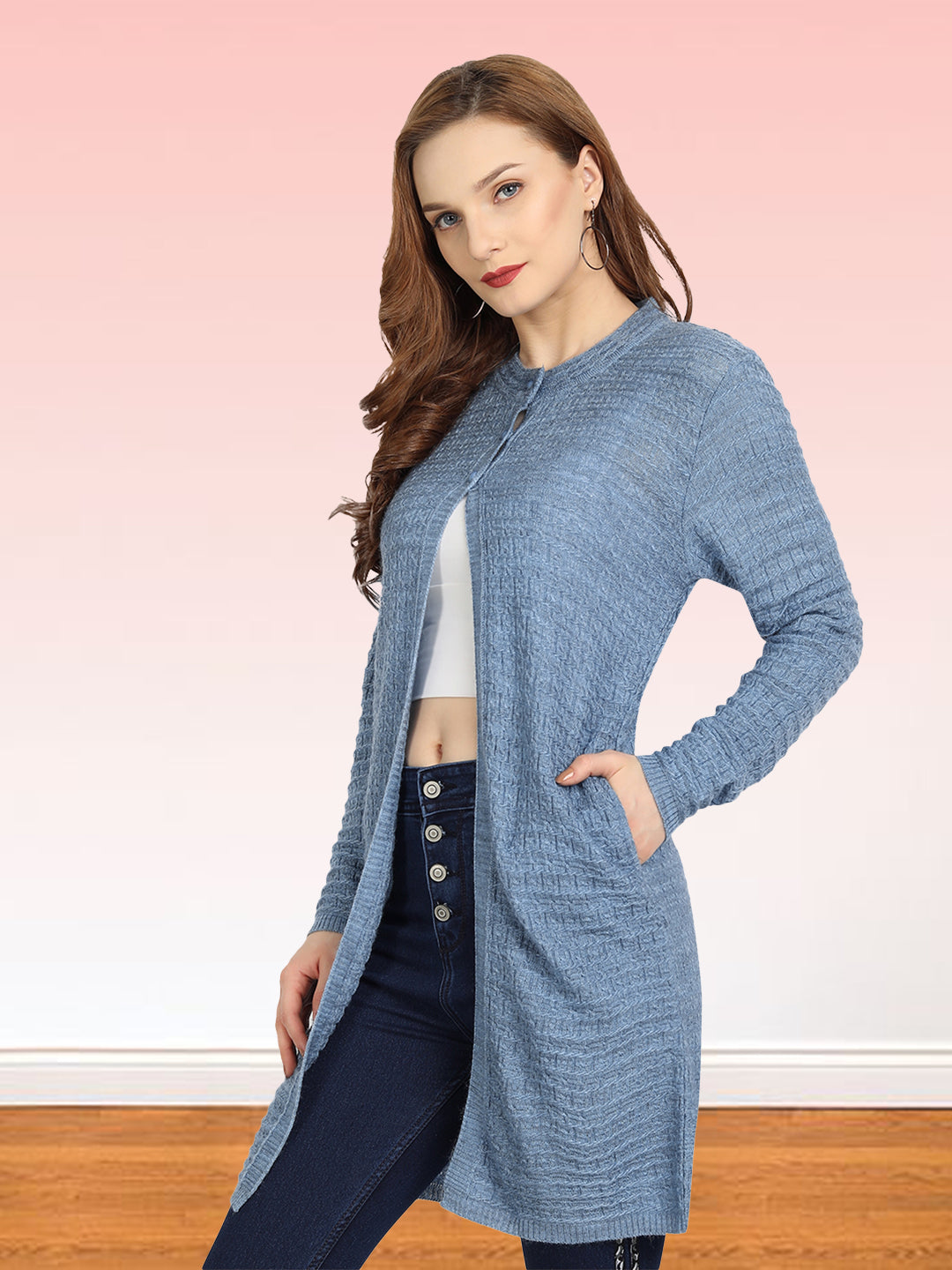 Wool Blend Round Neck Denim Long Shrug