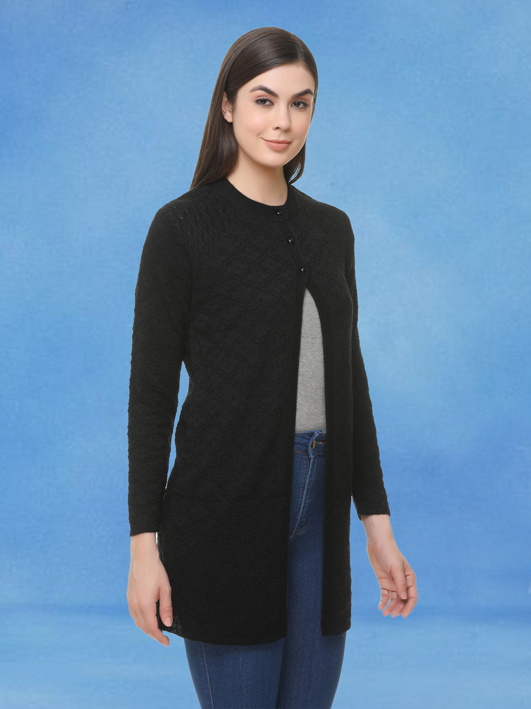 Wool Blend Round Neck Black Long Shrug