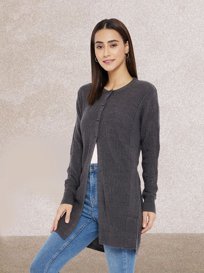 Wool Blend Round Neck Dark Grey Long Shrug
