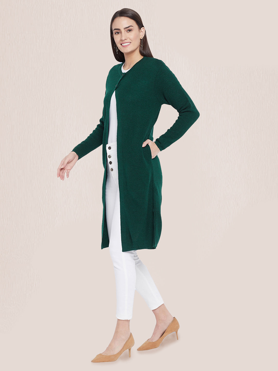 Wool Blend Round Neck Green Extra long Shrug