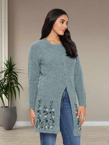Wool Blend Round Neck Green Long Shrug