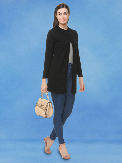 Wool Blend Round Neck Black Long Shrug