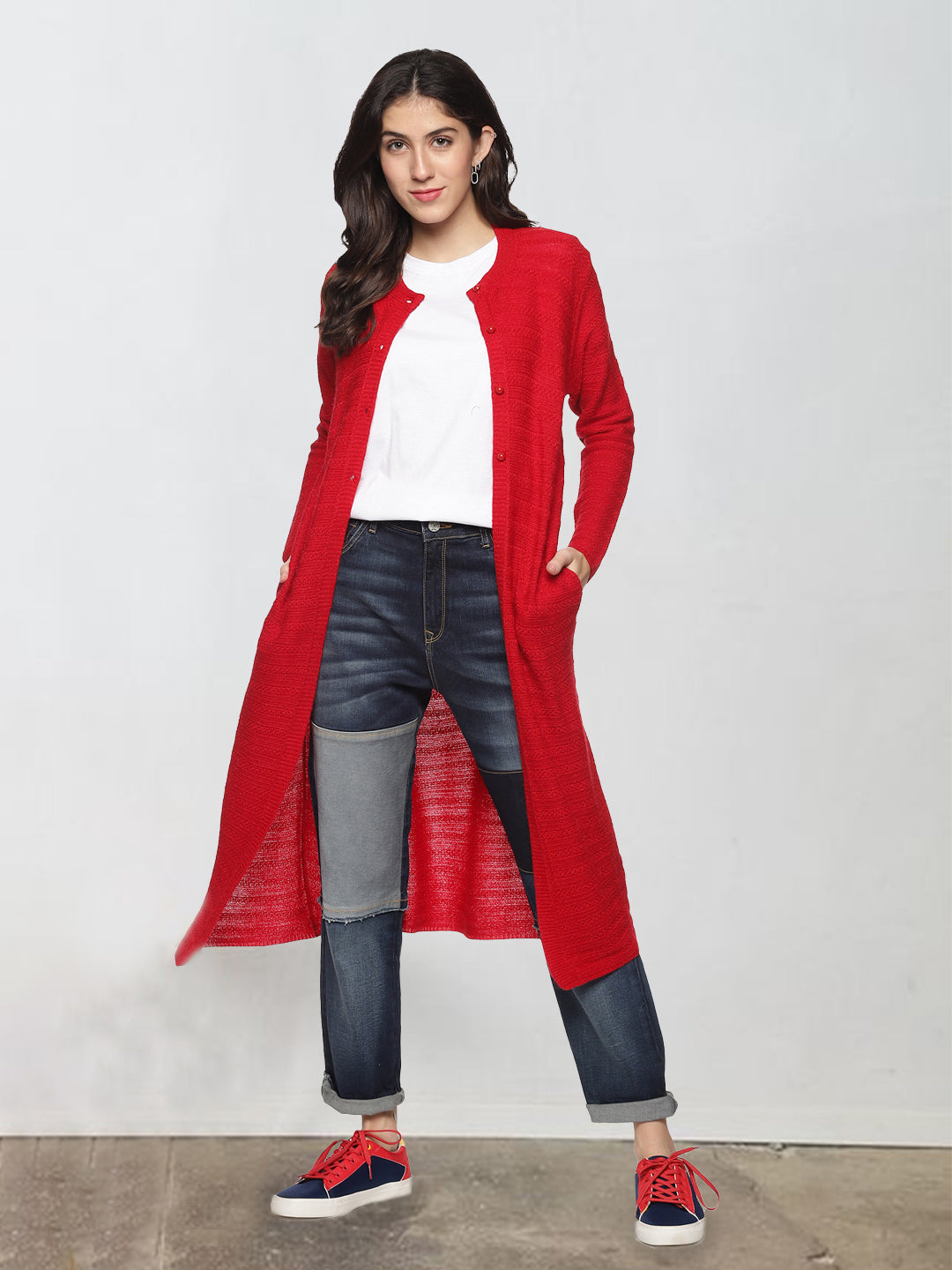 Wool Blend Round Neck Red Extra long Shrug