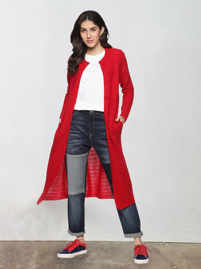 Wool Blend Round Neck Red Extra long Shrug