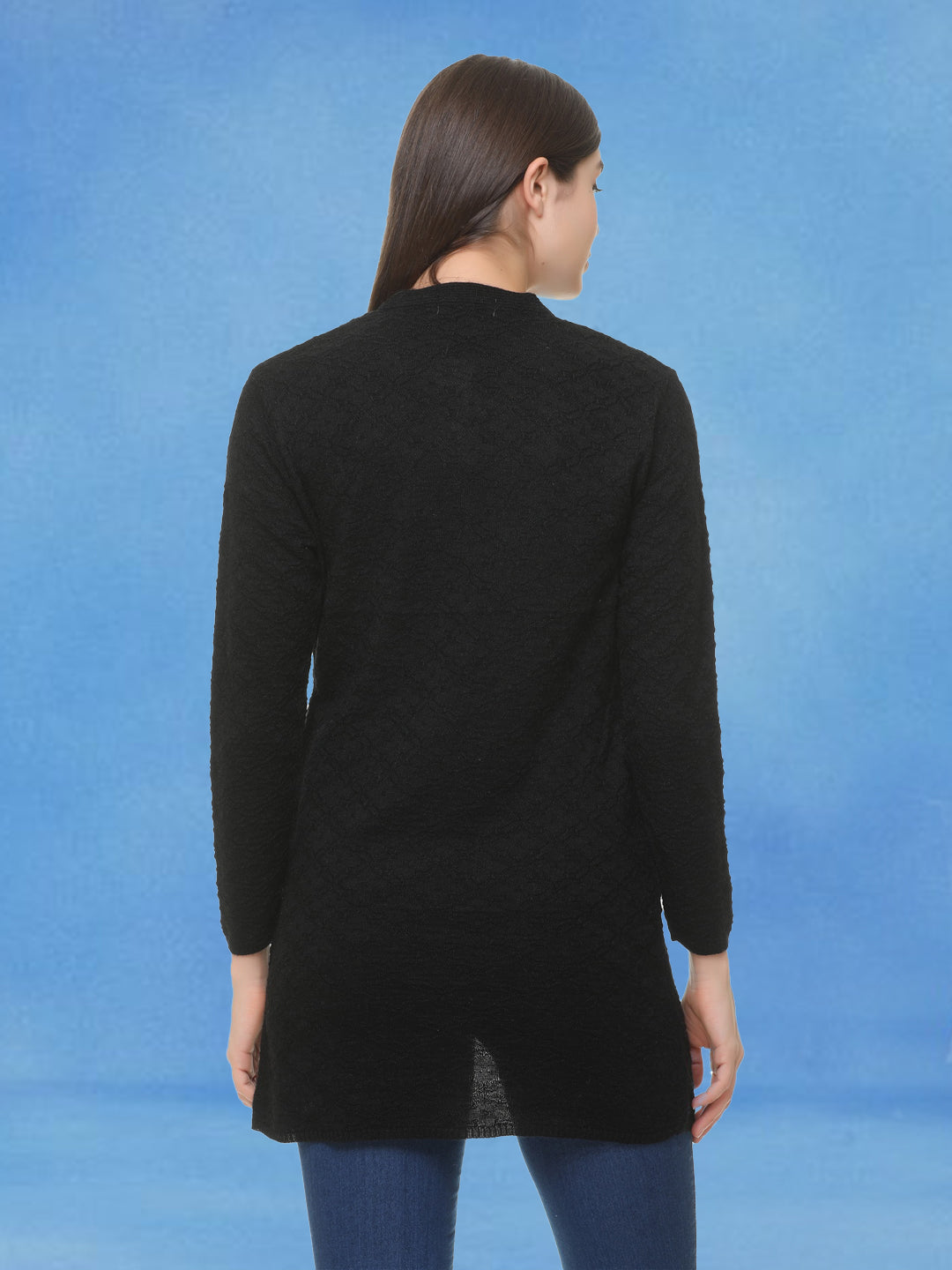 Wool Blend Round Neck Black Long Shrug