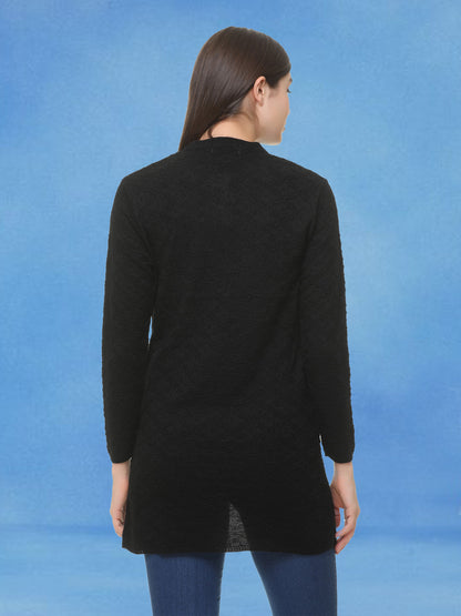 Wool Blend Round Neck Black Long Shrug