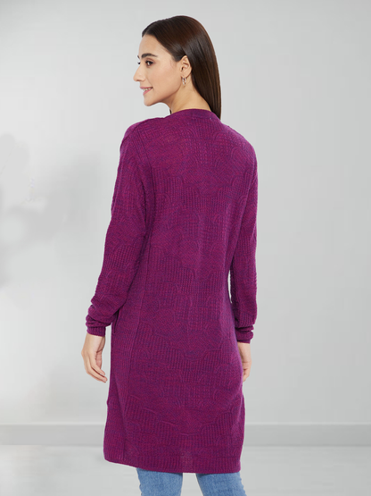Wool Blend Round Neck Purple Long Shrug
