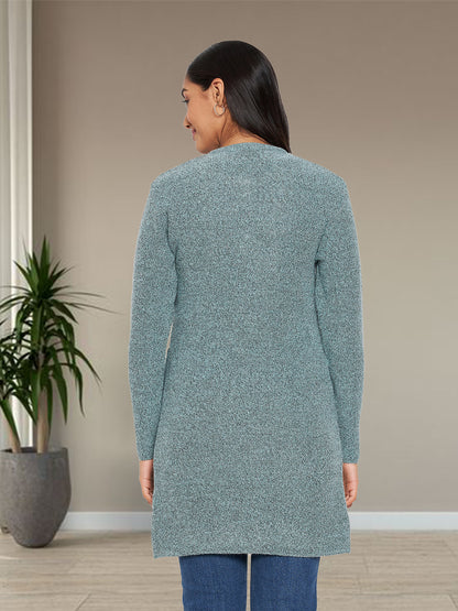 Wool Blend Round Neck Green Long Shrug