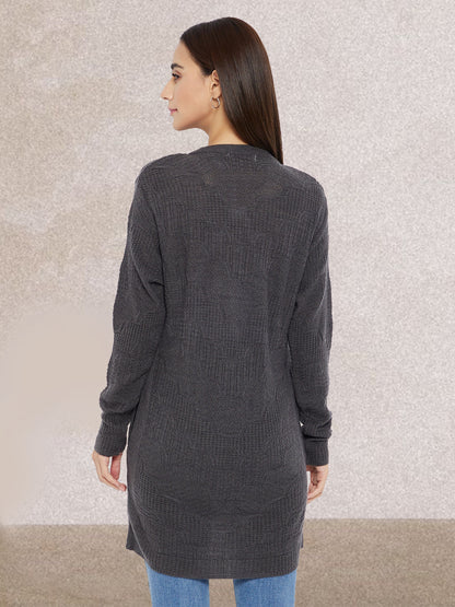 Wool Blend Round Neck Dark Grey Long Shrug