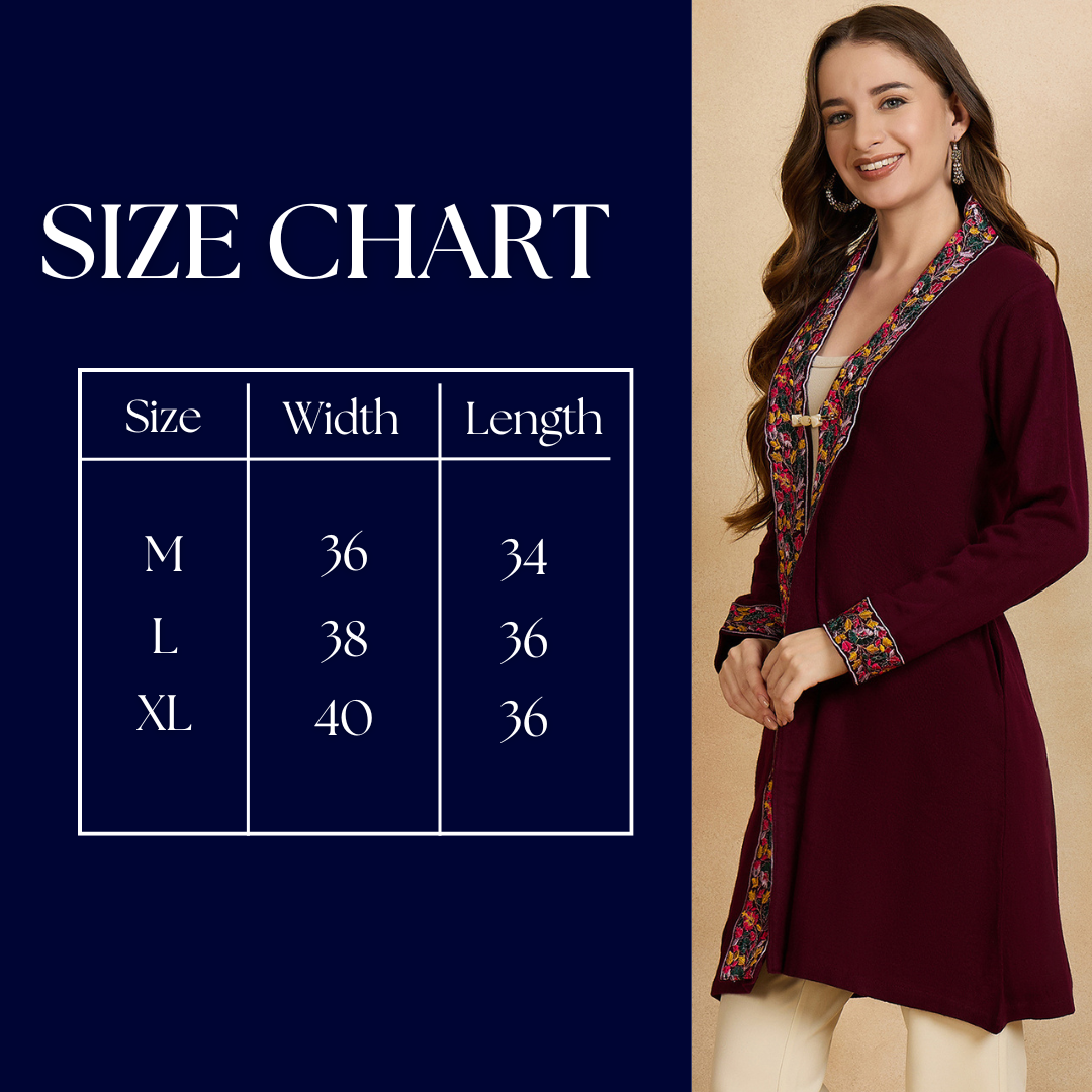 Women's Maroon Embroidered Sleeves, Floral Pattern, Winter Wear, Open Neck Shrug
