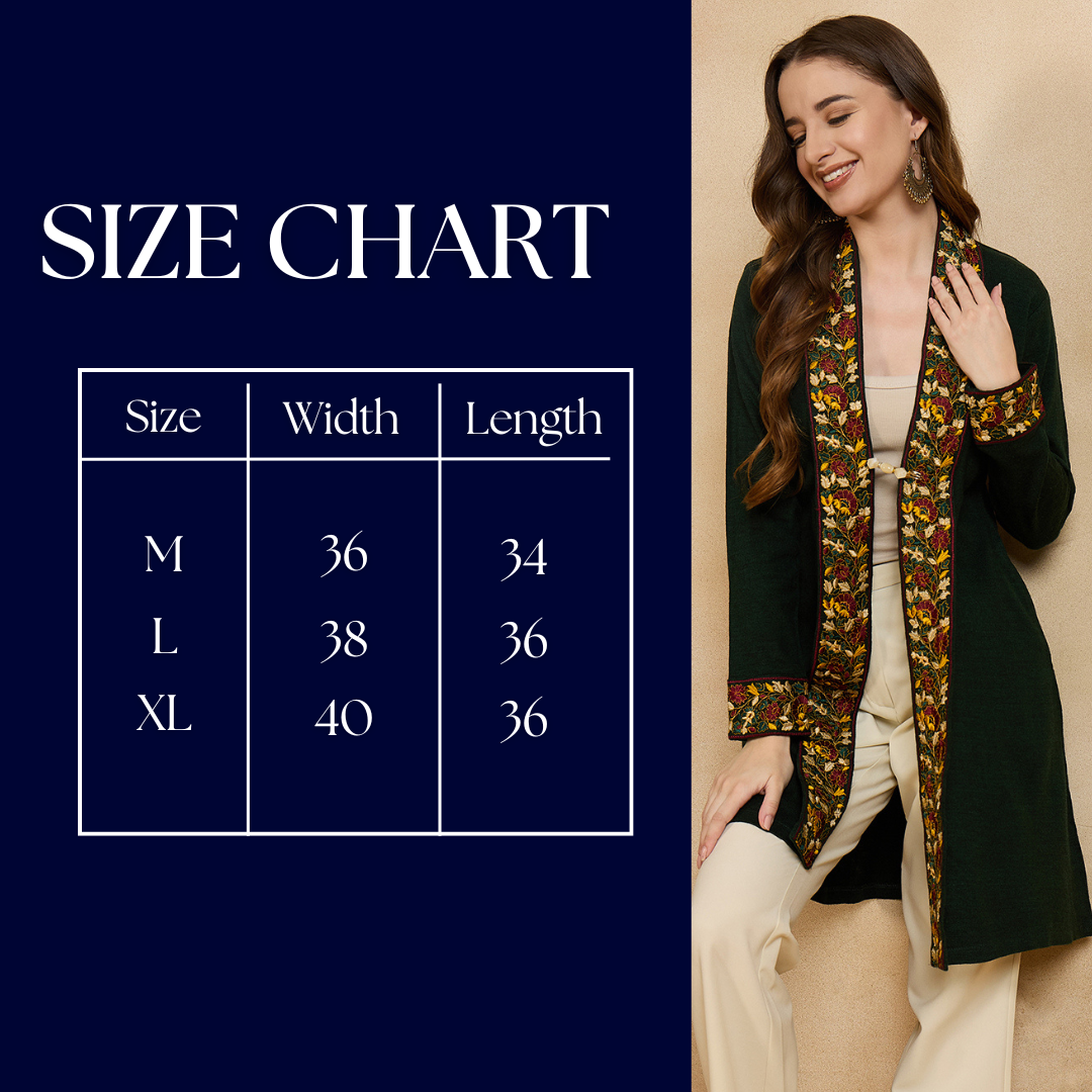 Women's Green Embroidered Sleeves, Floral Pattern, Winter Wear, Open Neck Shrug