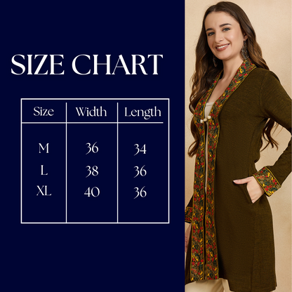 Women's Dark Green Embroidered Sleeves, Floral Pattern, Winter Wear, Open Neck Shrug