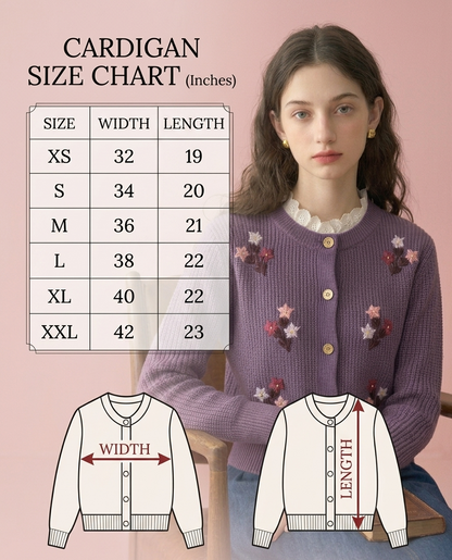 Women'S Black Knit Cardigan With Floral Embroidery, Button-Front, Round Neck, Full Sleeves Black