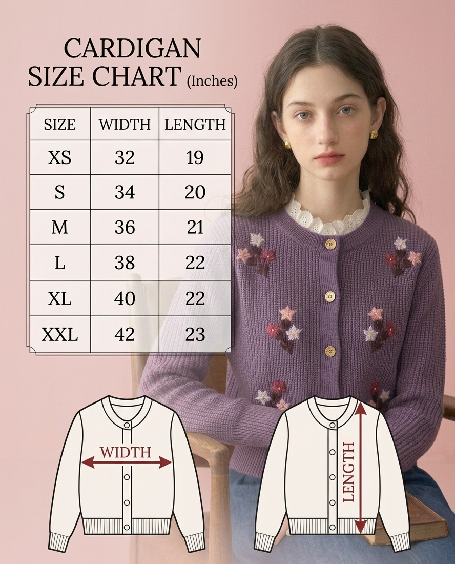 Women'S Black Knit Cardigan With Floral Embroidery, Button-Front, Round Neck, Full Sleeves Maroon