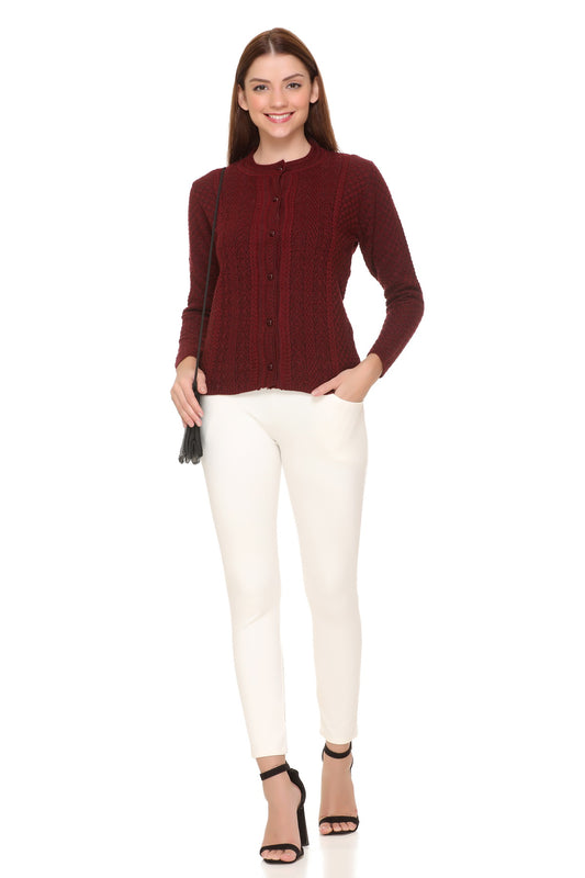 Wool Blend Round Neck Maroon Cardigans