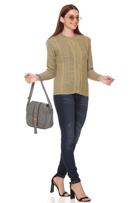 Wool Blend Round Neck Mustered Cardigans