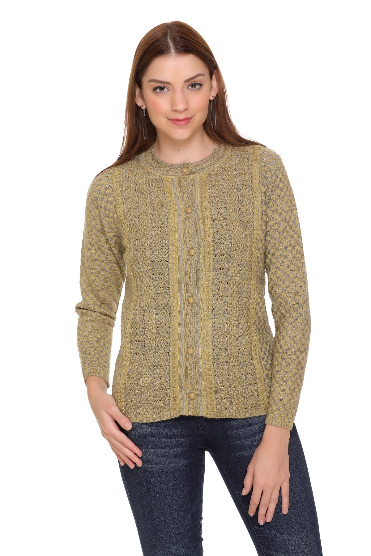 Wool Blend Round Neck Mustered Cardigans