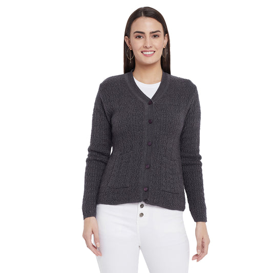 Wool Blend Round Neck Grey Cardigans