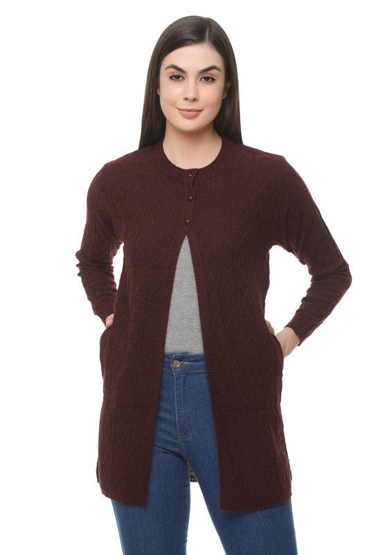 Wool Blend Round Neck Dark Maroon Long Shrug