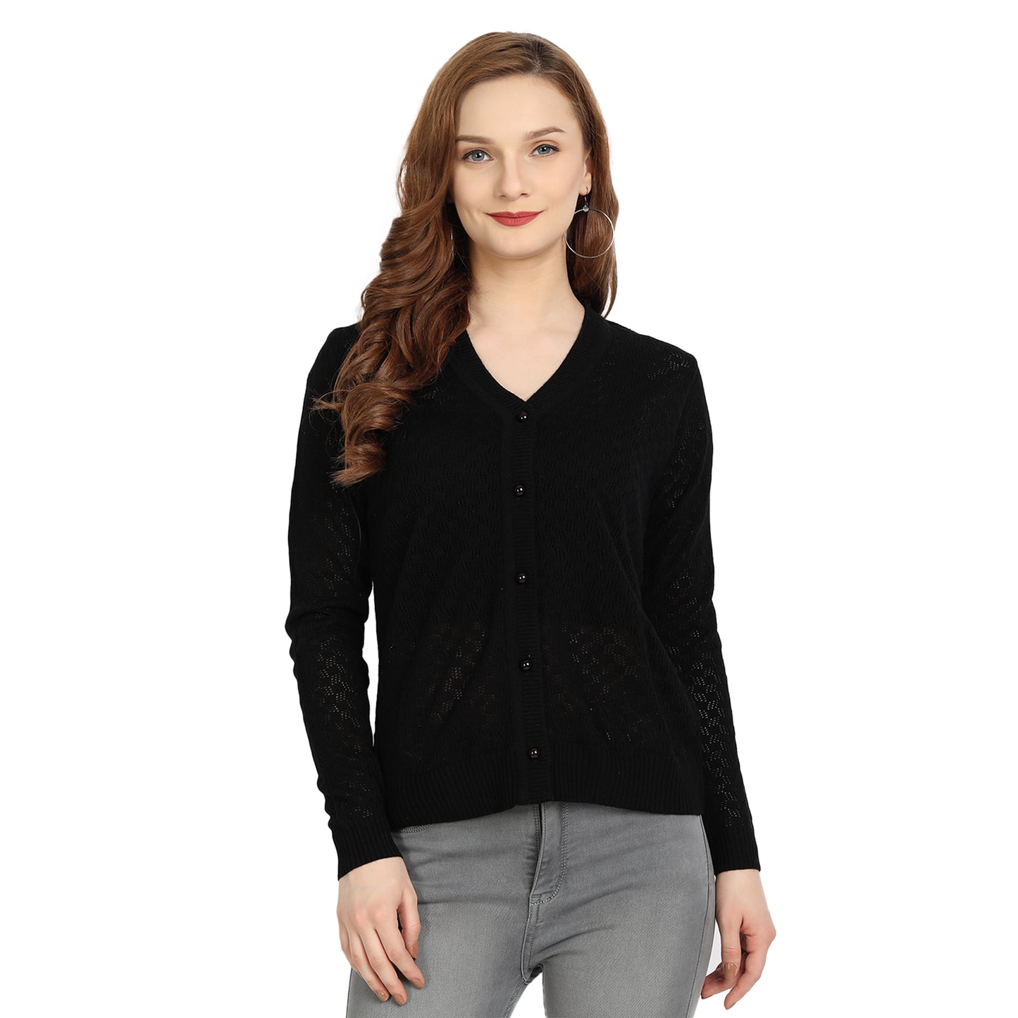 Clapton Acrylic Blend V Neck Full Sleeve Casual Solid Winter Wear Cardigans For Women Black