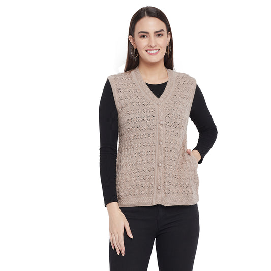 Clapton Acrylic Blend V Neck Sleeveless Casual Solid Winter Wear Cardigans For Women Camel