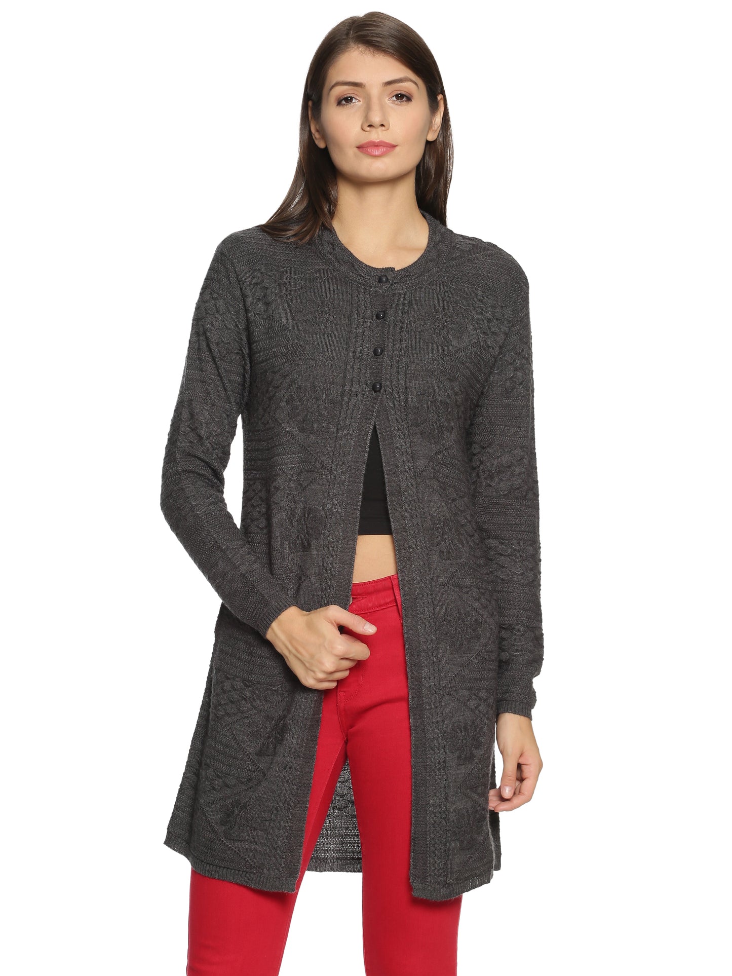 Wool Blend Round Neck Dark Grey Long Shrug