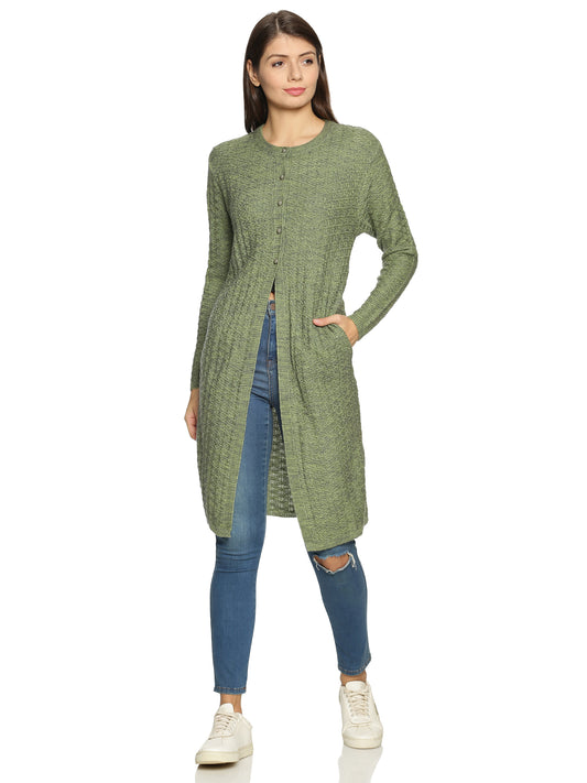Clapton Acrylic Blend Round Neck Full Sleeve Casual Solid Winter Wear Cardigans For Women Green