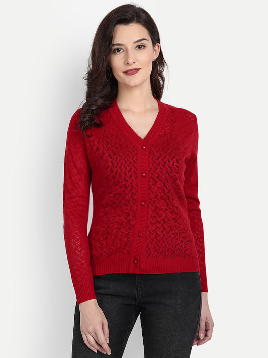 Clapton Acrylic Blend V Neck Full Sleeve Casual Solid Winter Wear Cardigans For Women Red