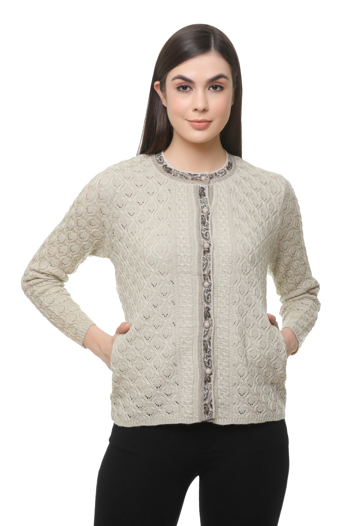 Wool Blend Round Neck Beige cardigan