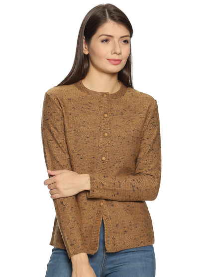 Wool Blend Round Neck Full Sleeve Dark Brown Cardigans
