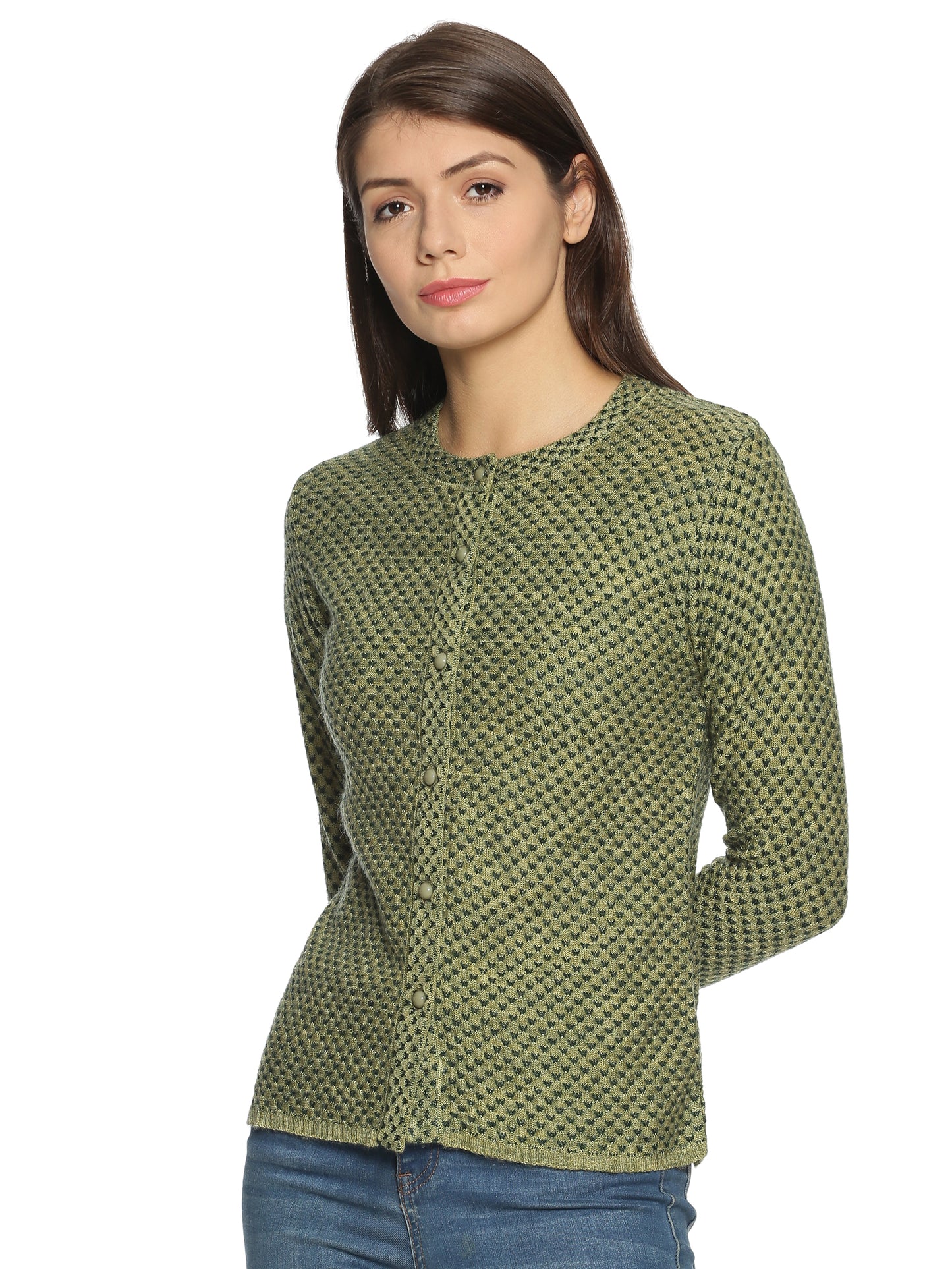 Wool Blend Round Neck Green Cardigans