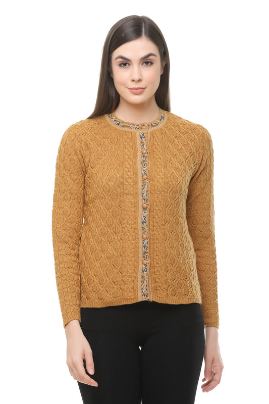 Clapton Acrylic Blend Round Neck Full Sleeve Casual Solid Winter Wear Cardigans For Women Gold
