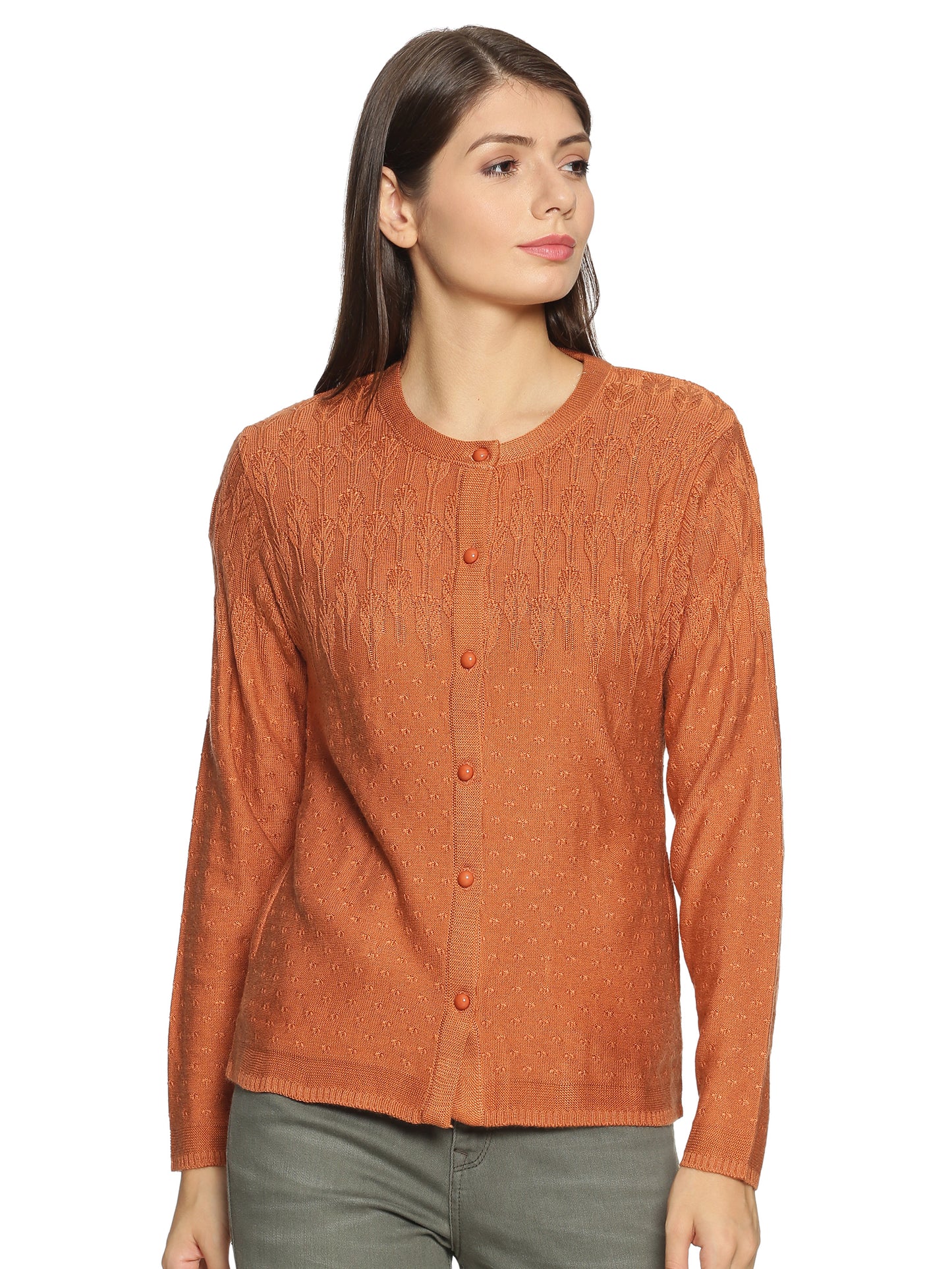Clapton Acrylic Blend Round Neck Full Sleeve Casual Solid Winter Wear Cardigans For Women Orange