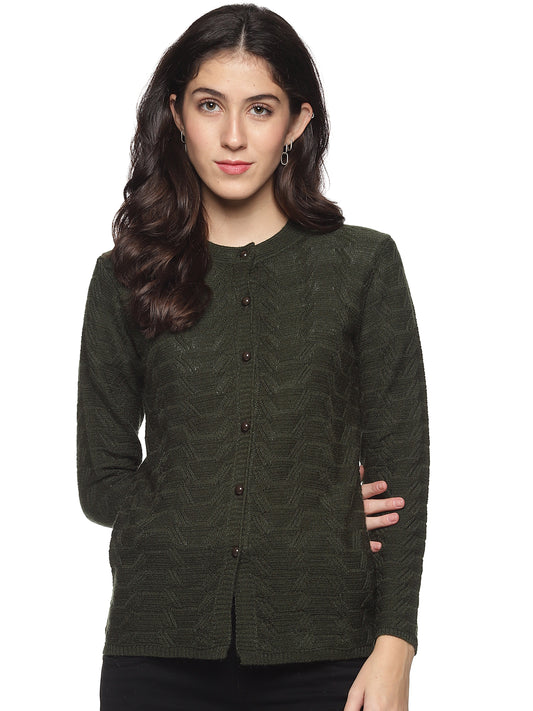 Wool Blend Round Neck Green Cardigans