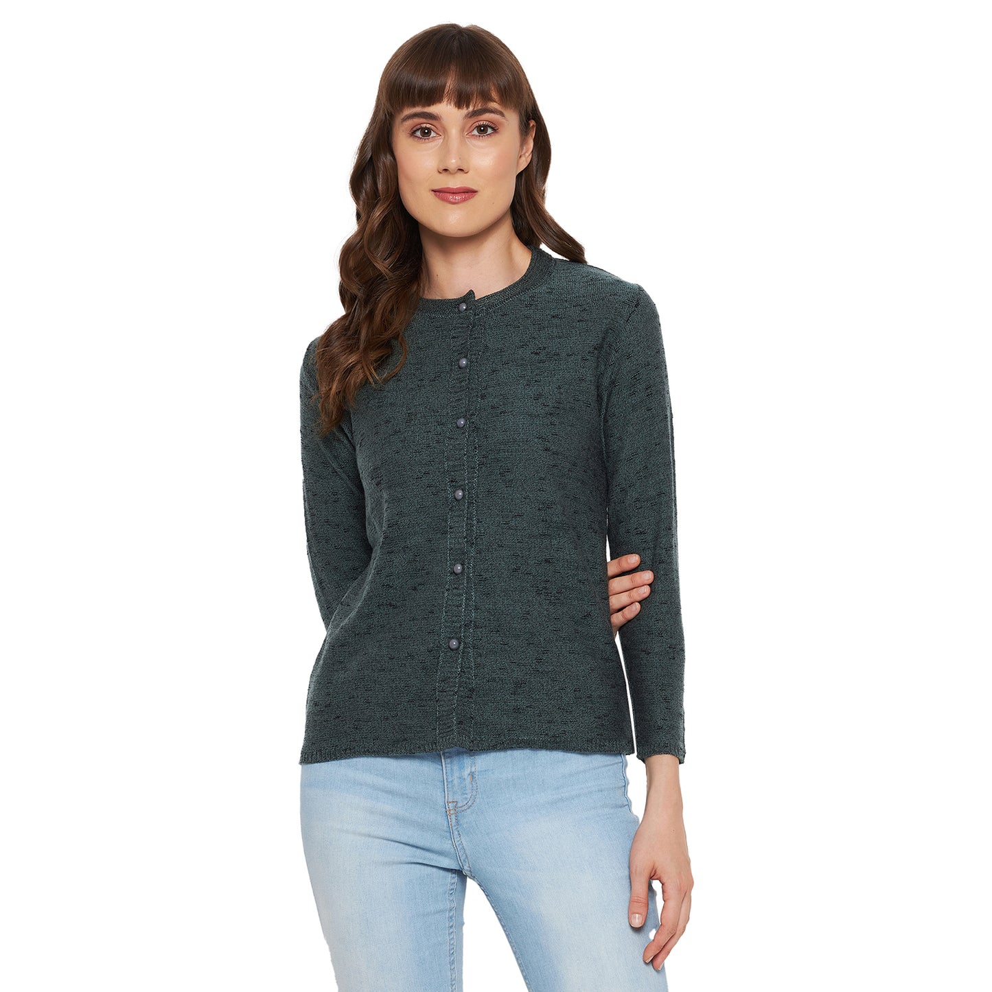 Wool Blend Round Neck Full Sleeve Steel Grey Cardigans
