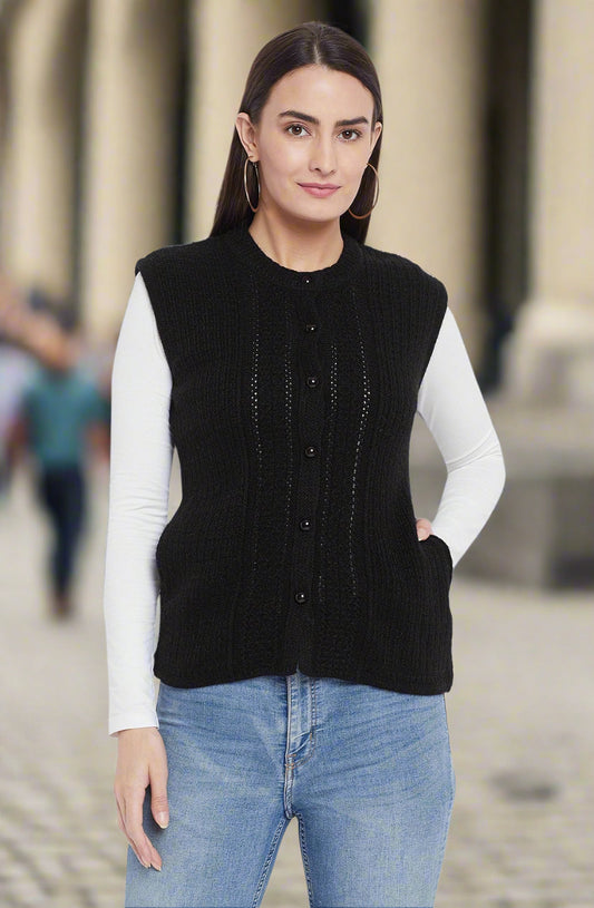 Wool Blend Round Neck Half Sleeve Black cardigan