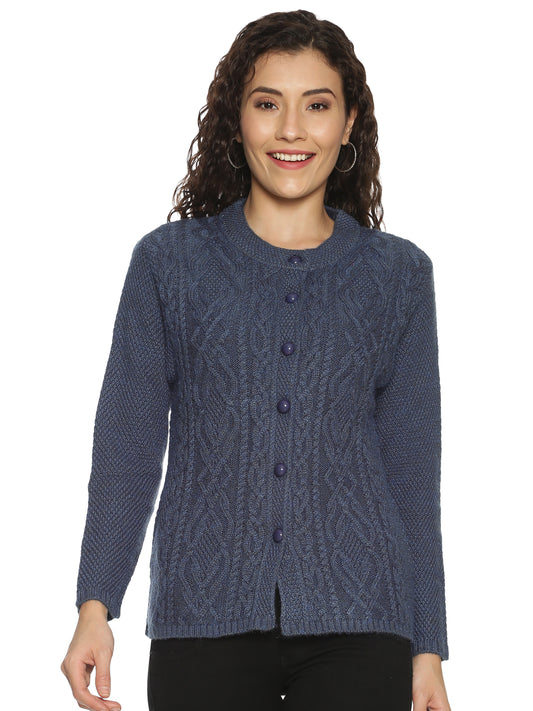 Wool Blend Round Neck Denim cardigan