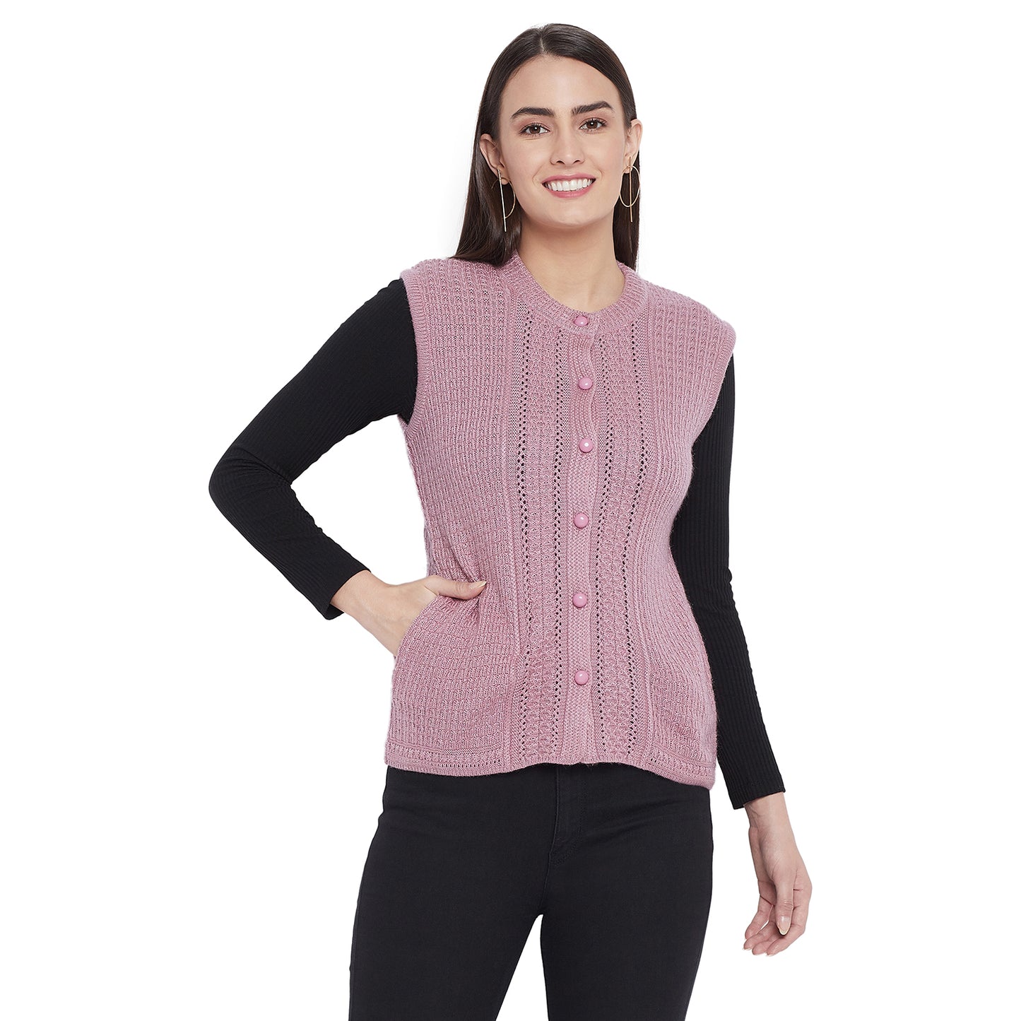 Clapton Acrylic Blend Round Neck Full Sleeve Casual Solid Winter Wear Cardigans For Women Pink