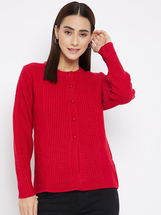 Red Self Design Woolen Casual Solid Cardigan