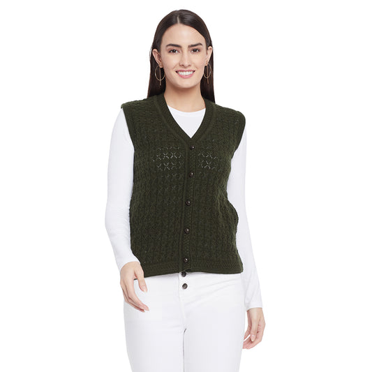 Wool Blend V Neck Half Sleeve Mehndi cardigan